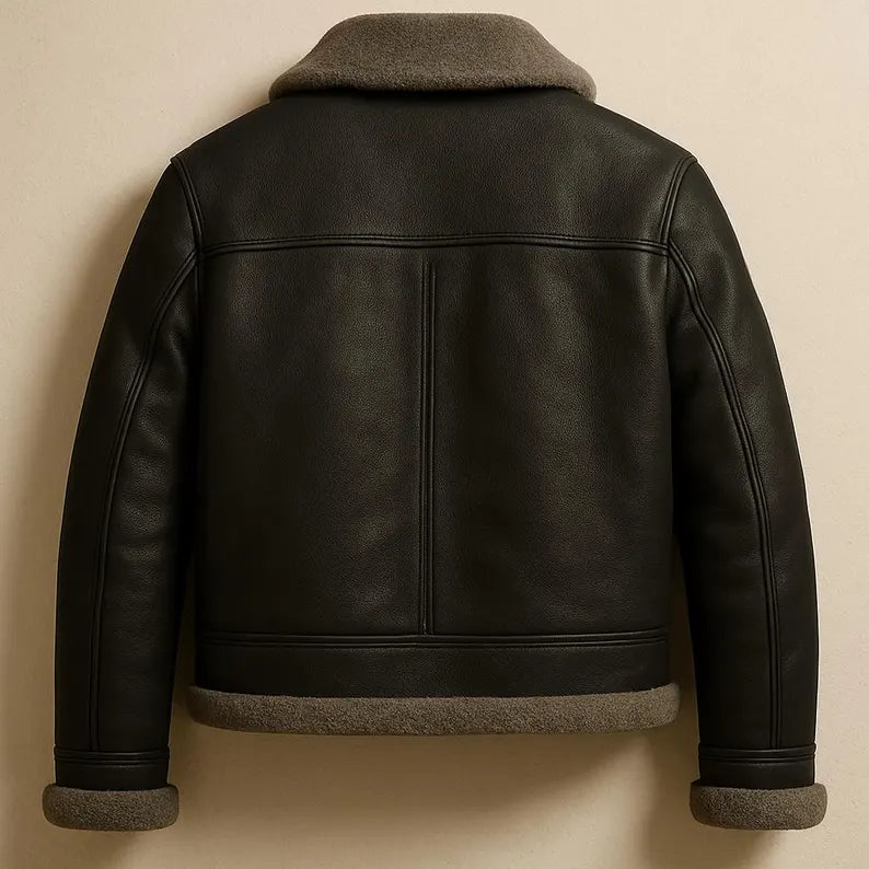 Men's Handmade Leather Bomber Jacket: Black with Gray Faux Fur