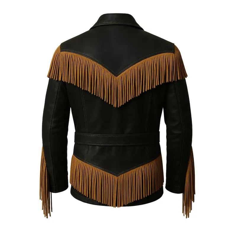 Men’s Western Fringe Jacket Handmade Leather Cowboy Coat Vintage Belted Rodeo Style