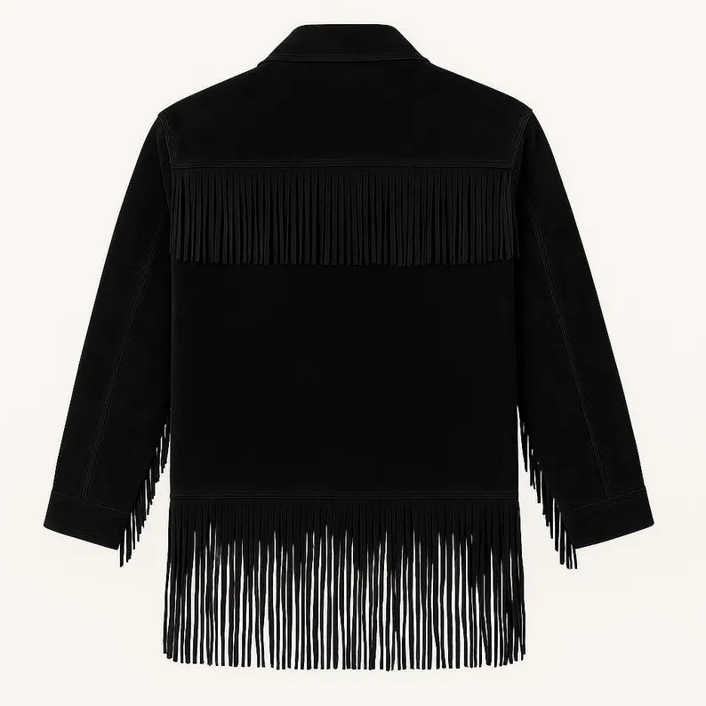 Men’s Black Western Fringe Jacket Handmade Suede Leather Cowboy Coat Vintage Rodeo Style
