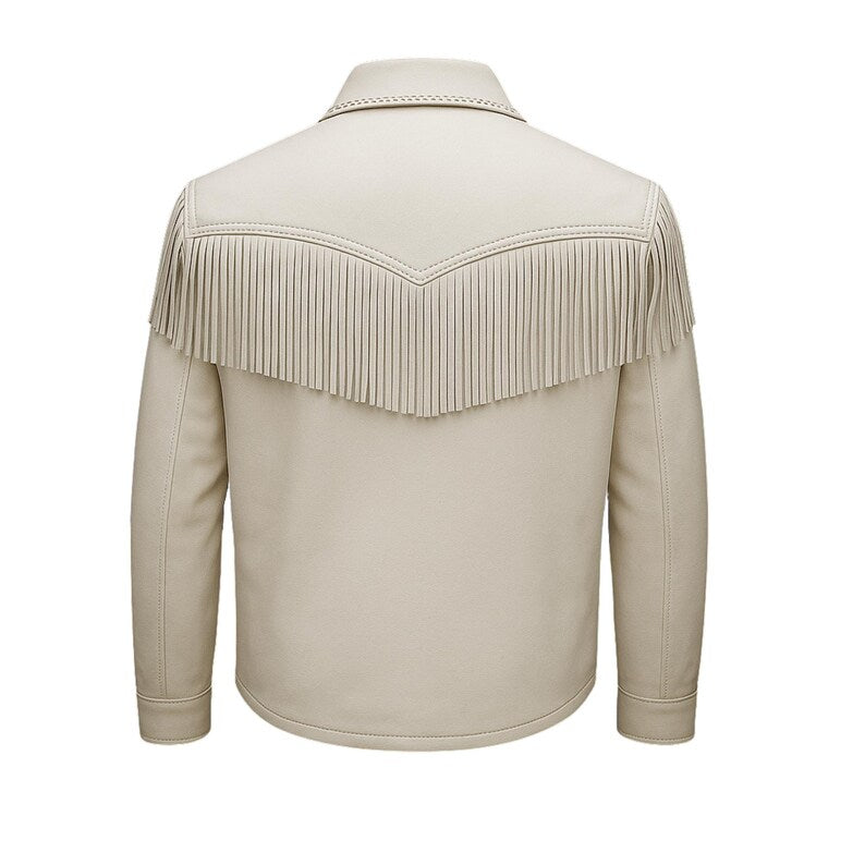 Men’s White Fringe Jacket Western Leather Cowboy Coat Vintage Rodeo Style