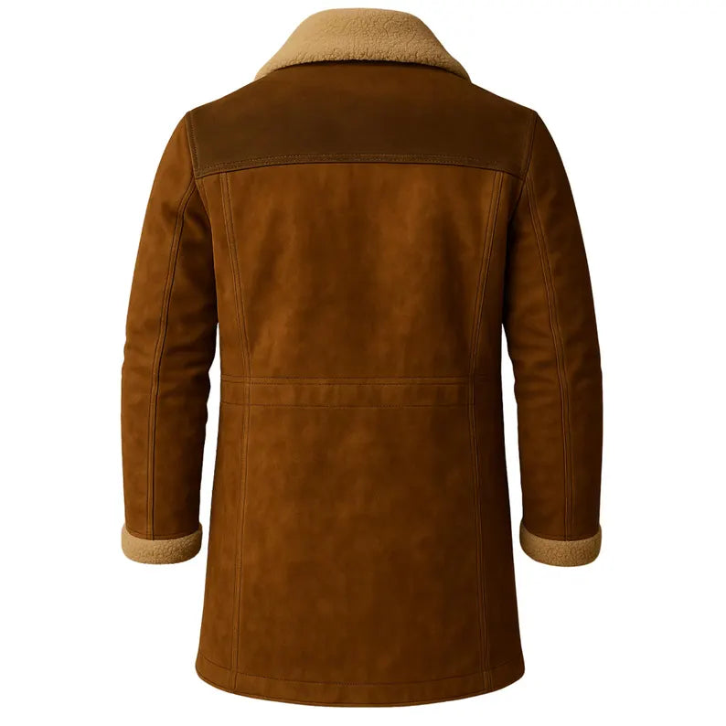 Handmade men’s western long leather coat – vintage cowboy outerwear in classic overcoat style.