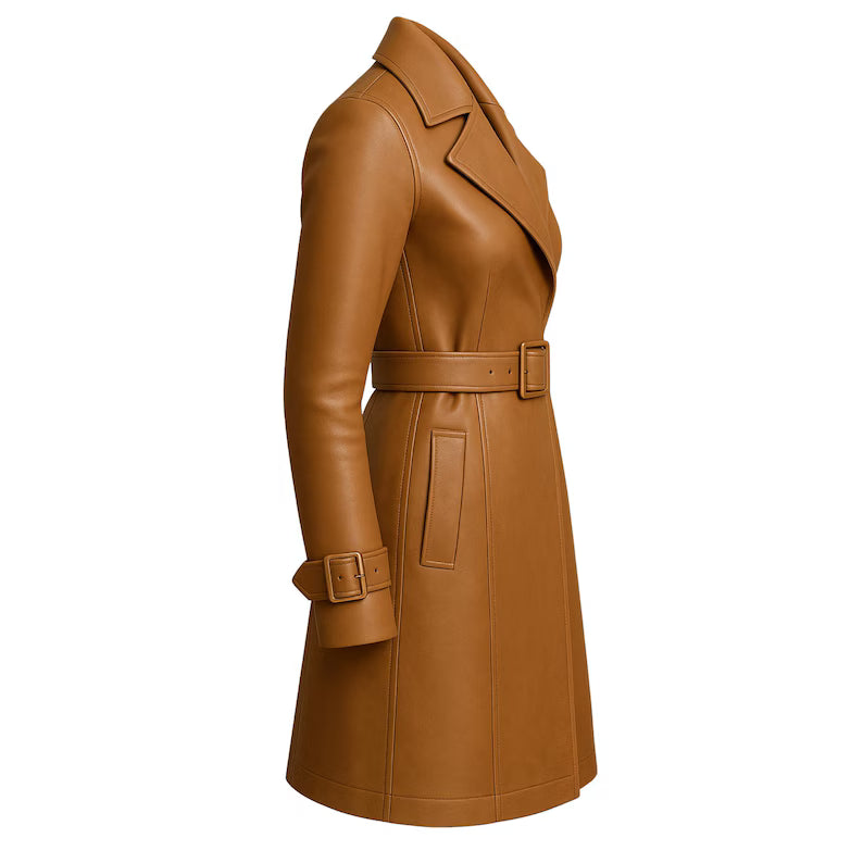 Women’s Handmade Genuine Leather Trench Coat – Long Belted Overcoat, Classic Luxury Outerwear