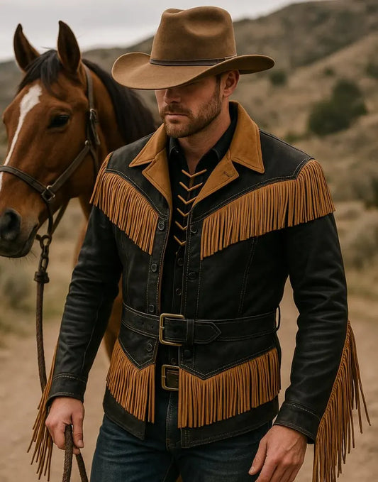 Men’s Western Fringe Jacket Handmade Leather Cowboy Coat Vintage Belted Rodeo Style