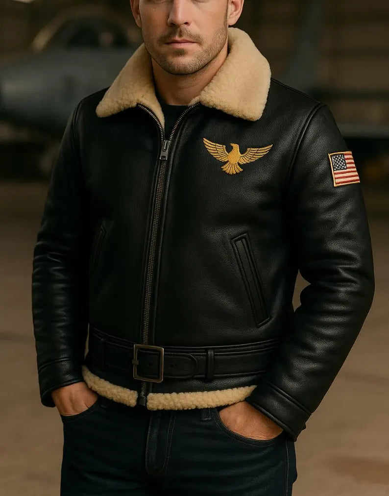 Men’s Aviator Leather Jacket Shearling Collar Flight Jacket Vintage Air Force Pilot Style