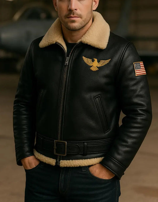 Men’s Aviator Leather Jacket Shearling Collar Flight Jacket Vintage Air Force Pilot Style