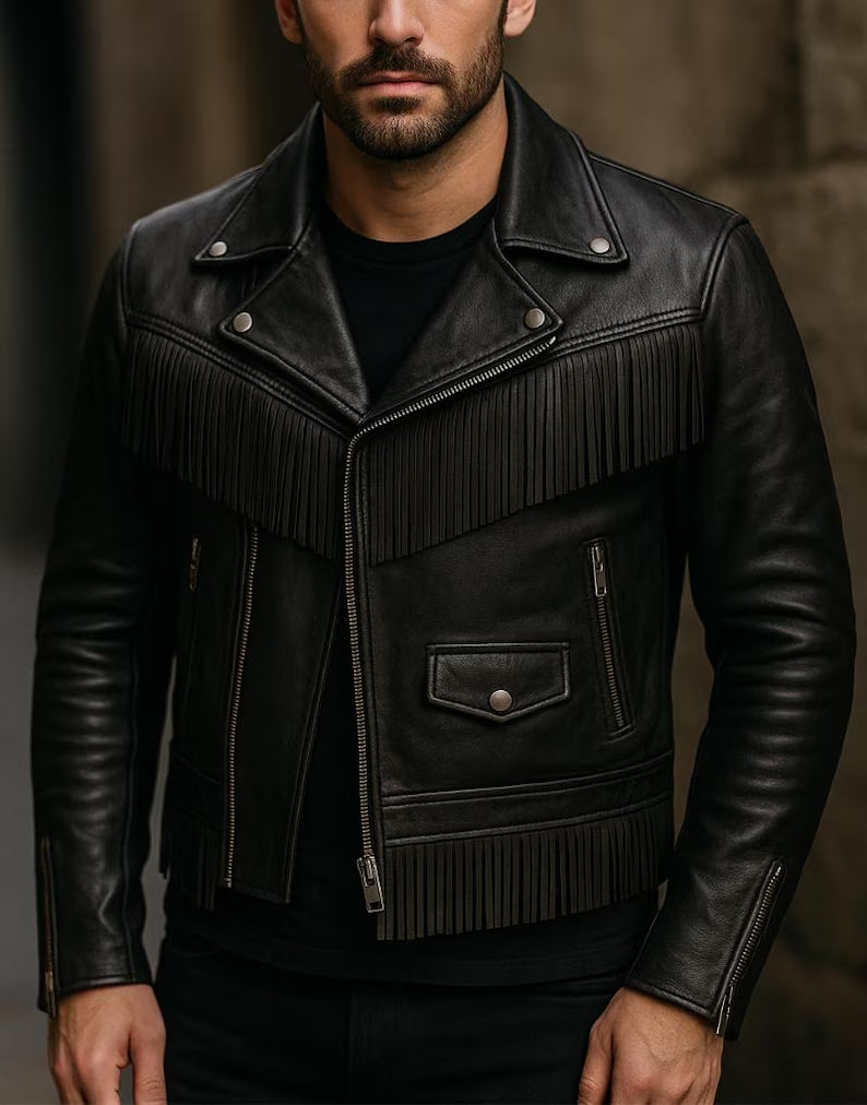Men’s Black Fringe Jacket Western Leather Cowboy Coat Handmade Vintage Rodeo Style