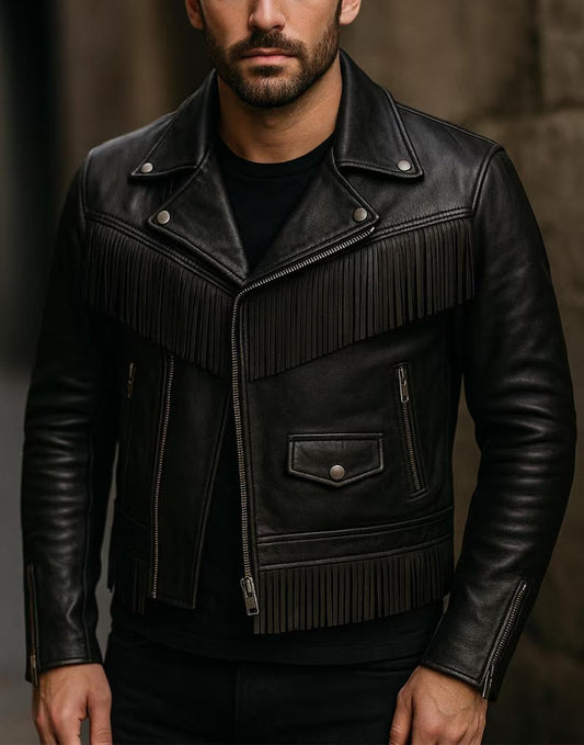 Men’s Black Fringe Jacket Western Leather Cowboy Coat Handmade Vintage Rodeo Style