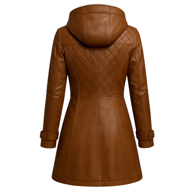 Women’s Distressed Hooded Leather Long Coat – Handmade Vintage Trench, Classic Retro Outerwear
