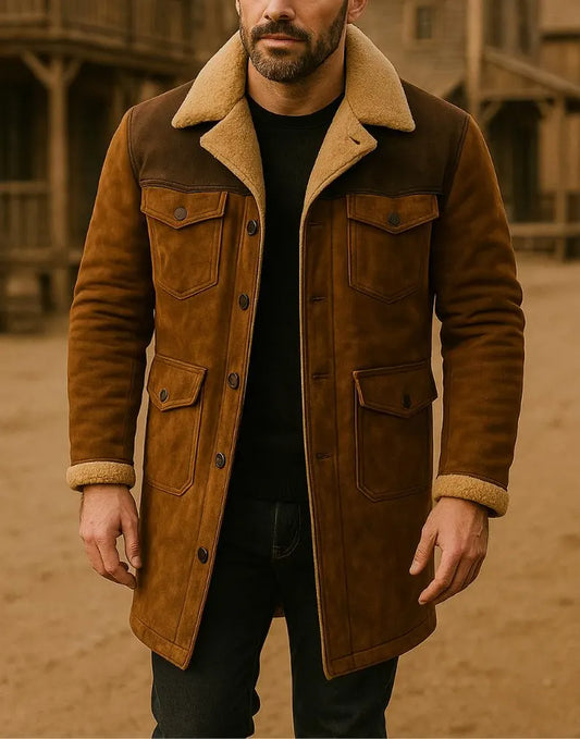 Handmade men’s western long leather coat – vintage cowboy outerwear in classic overcoat style.