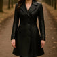 Handmade Women’s Black Leather Trench Coat – Vintage Long Jacket with High Collar, Genuine Leather