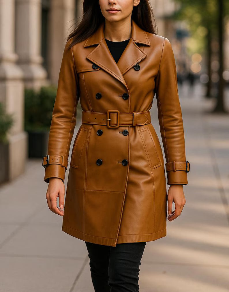 Women’s Handmade Genuine Leather Trench Coat – Long Belted Overcoat, Classic Luxury Outerwear