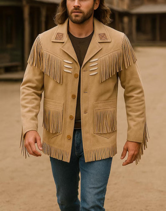 Men’s Western Fringe Jacket Suede Leather Cowboy Jacket Vintage Rodeo Style