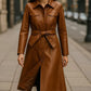 Women’s Belted Leather Coat Handmade Long Trench Classic Button-Up Winter Jacket