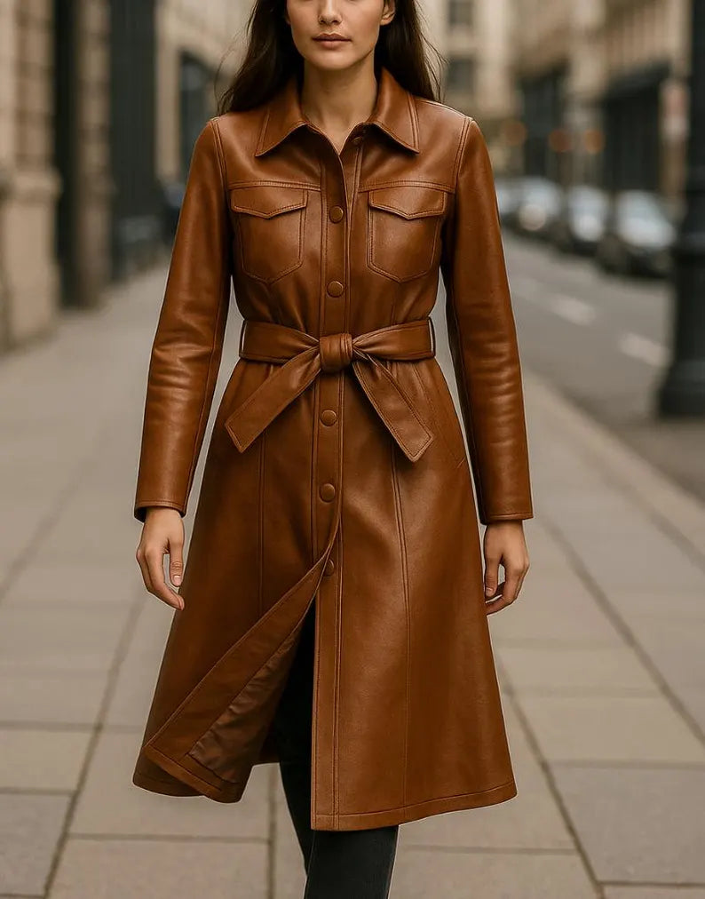 Women’s Belted Leather Coat Handmade Long Trench Classic Button-Up Winter Jacket