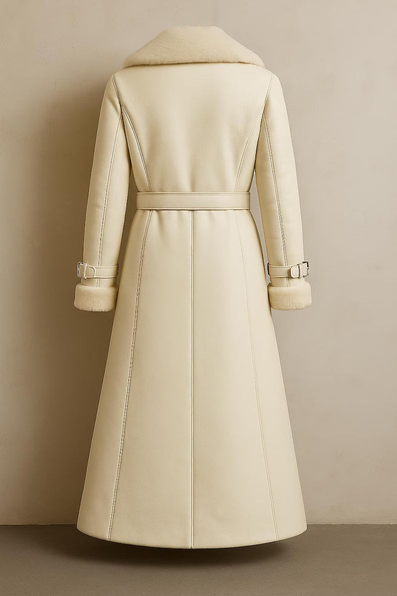 Vintage 90s White Leather Trench Coat: Fur Lined Military Style