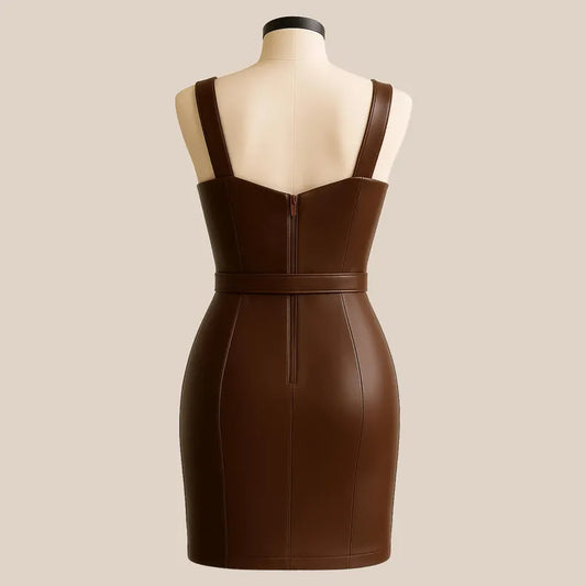 Handmade Brown Leather Bodycon Mini Dress: Belted Sleeveless Clubwear
