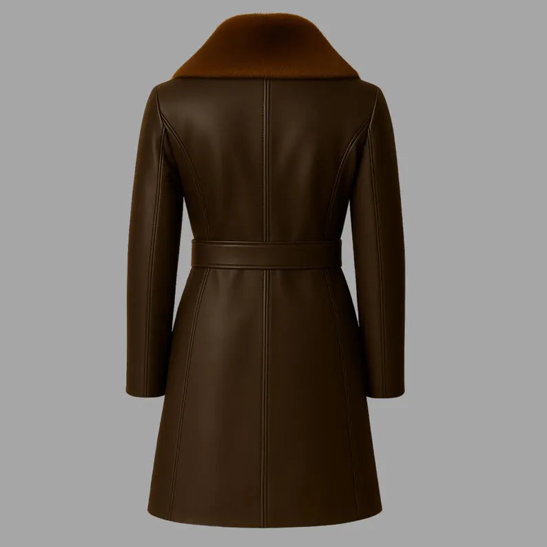 Handmade Brown Leather Trench Coat: Fur Collar, Belted Winter Outerwear