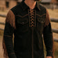 Men’s Western Fringe Jacket Cowboy Lace-Up Suede Style Vintage Rodeo Leather Shirt