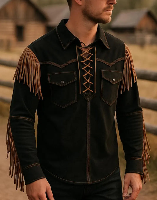 Men’s Western Fringe Jacket Cowboy Lace-Up Suede Style Vintage Rodeo Leather Shirt