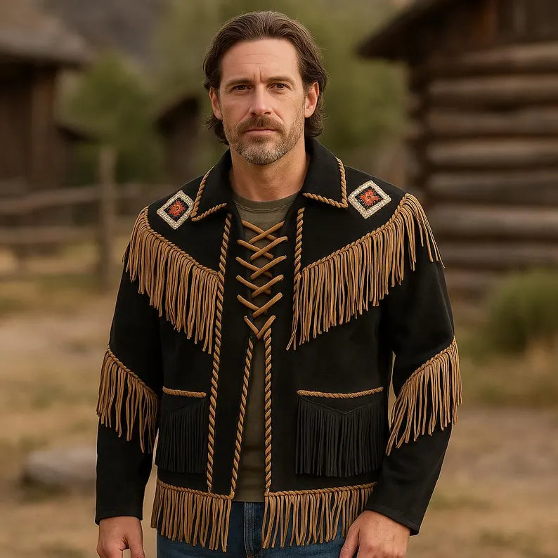 Men’s Western Fringe Jacket Cowboy Beaded Style Vintage Rodeo Leather Coat
