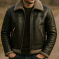 Men's Handmade Leather Bomber Jacket: Black with Gray Faux Fur