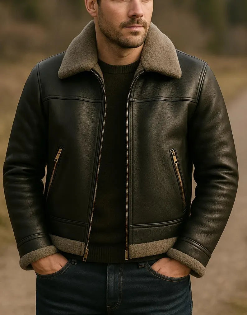 Men's Handmade Leather Bomber Jacket: Black with Gray Faux Fur