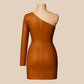 Women’s Black Leather One-Shoulder Mini Dress Handmade Floral Bodycon Party Outfit, Genuine Leather Clubwear