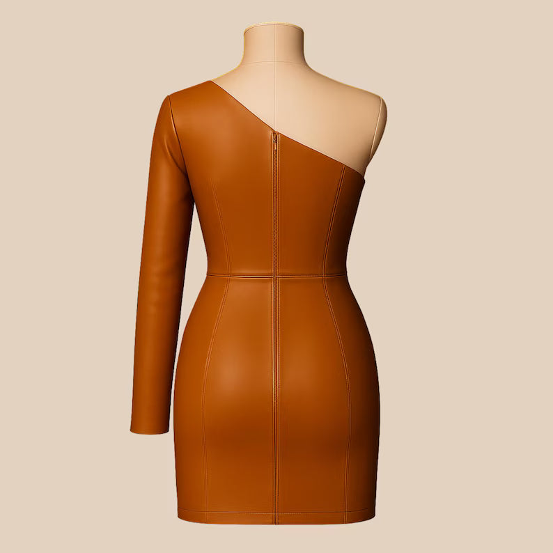 Women’s Black Leather One-Shoulder Mini Dress Handmade Floral Bodycon Party Outfit, Genuine Leather Clubwear