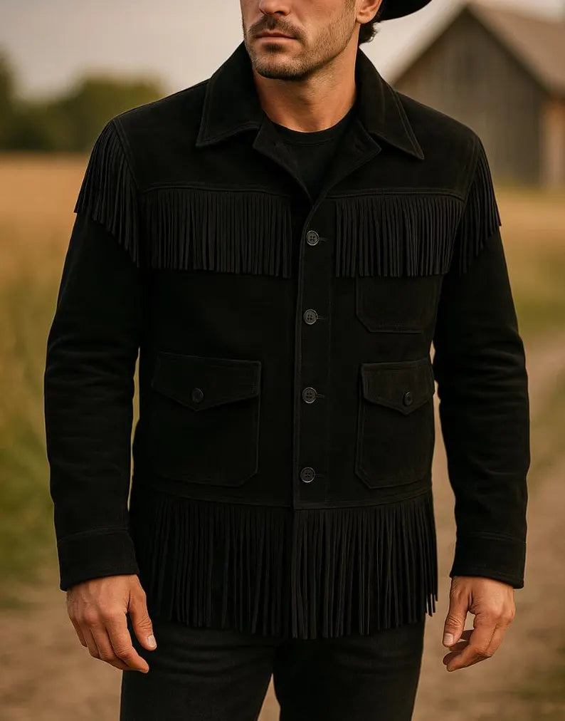 Men’s Black Western Fringe Jacket Handmade Suede Leather Cowboy Coat Vintage Rodeo Style