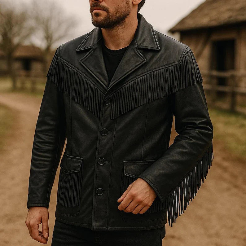 Handmade Mens Western Jacket, Vintage Cowboy Leather Fringe Coat in Classic Black Cowboy Style
