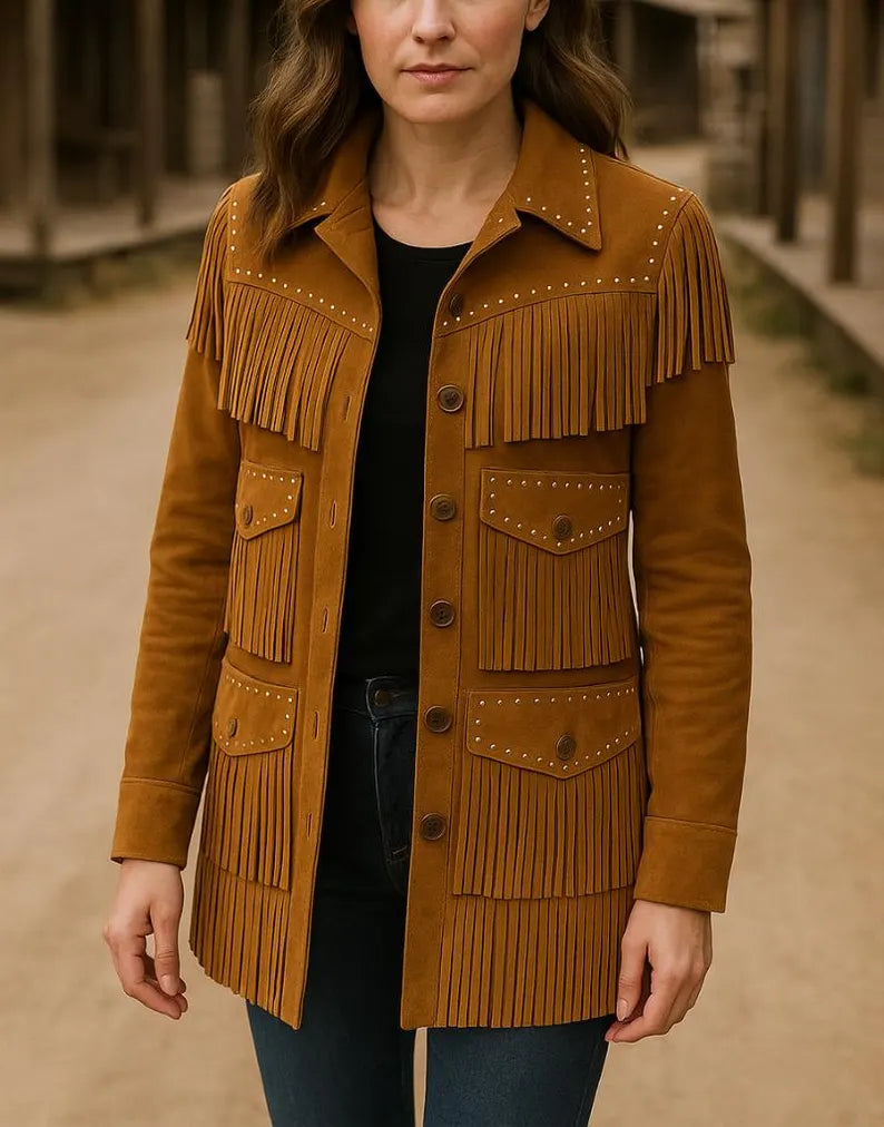 Women’s Western Fringe Jacket Suede Leather Coat | Vintage Cowgirl Rodeo Style
