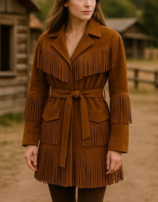 Women’s Western Fringe Coat Suede Leather Cowgirl Jacket Handmade Rodeo Style