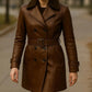Women’s Leather Trench Coat Double Breasted Long Coat Handmade Belted Winter Jacket