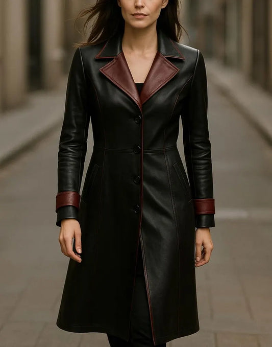 Women’s Black Leather Trench Coat – Handmade Long Overcoat, Dark Fantasy Style Jacket