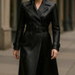 Women’s Black Leather Trench Coat Handmade Belted Long Coat Double Breasted Winter Jacket