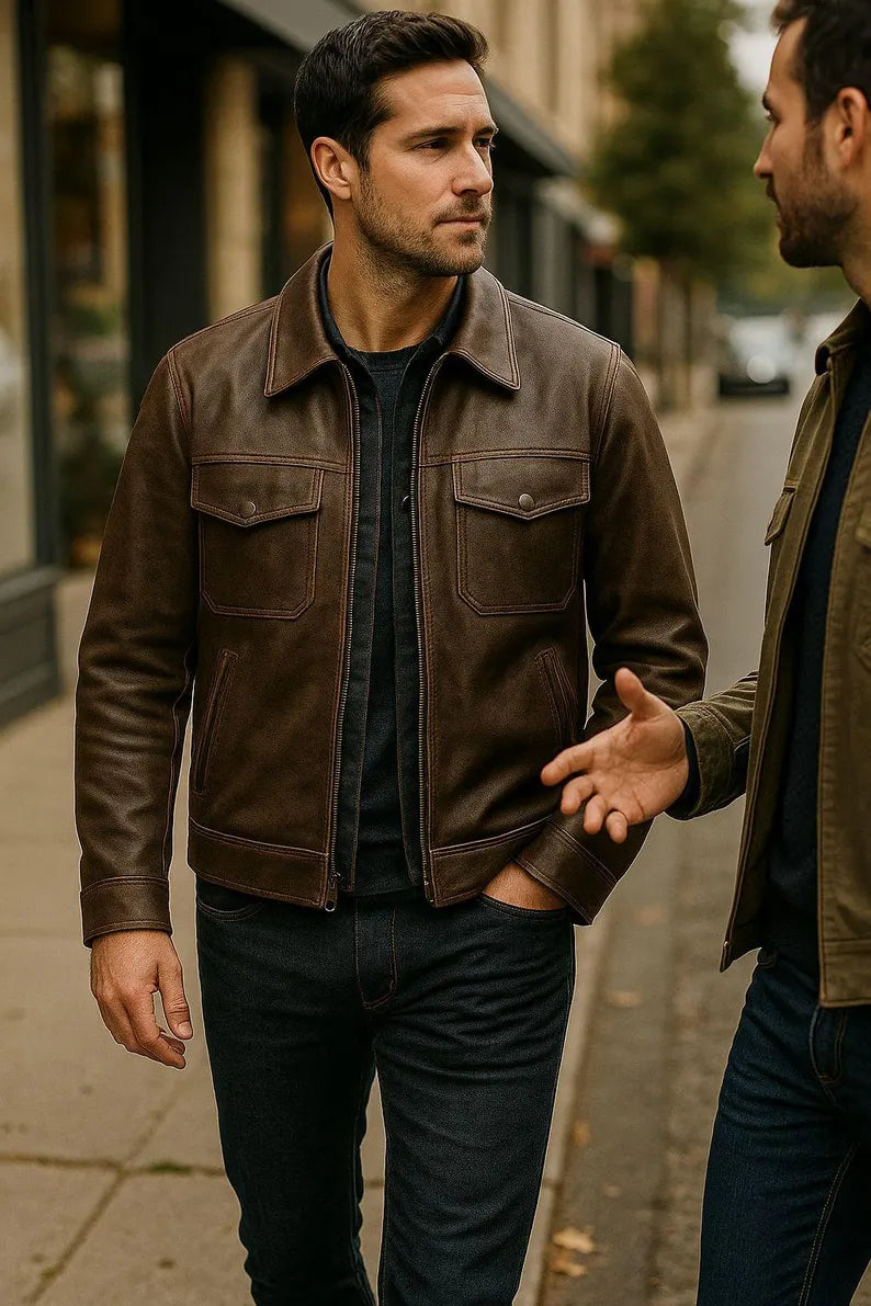 Men’s Handmade Brown Leather Café Racer Jacket – Vintage Motorcycle Biker Style