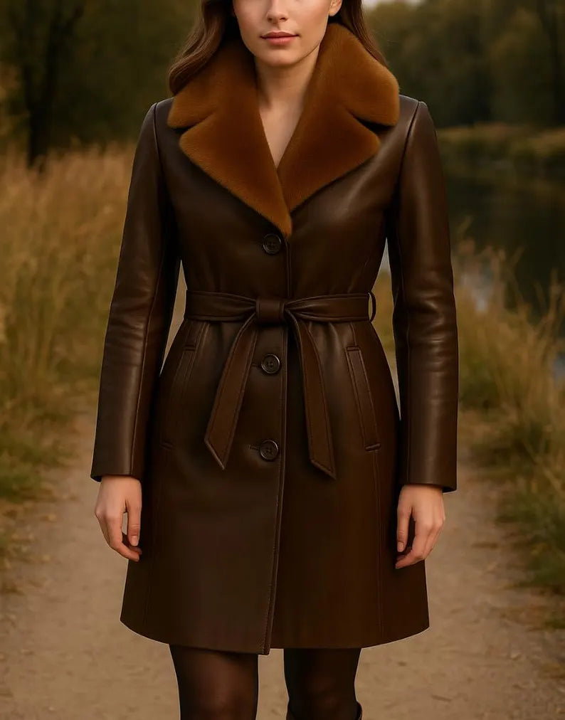 Handmade Brown Leather Trench Coat: Fur Collar, Belted Winter Outerwear