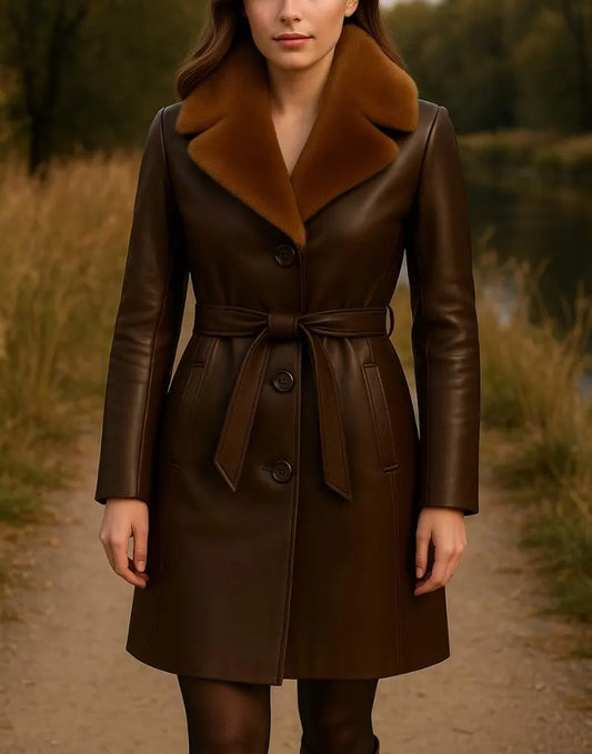 Handmade Brown Leather Trench Coat: Fur Collar, Belted Winter Outerwear