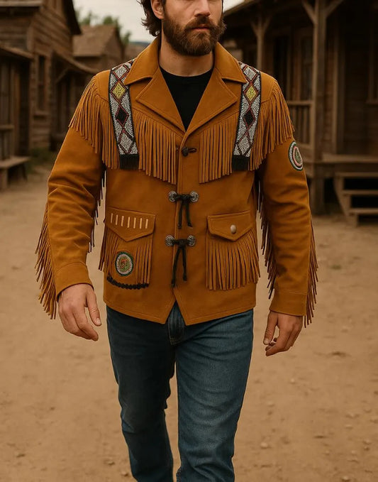 Men’s Western Suede Fringe Jacket Handmade Cowboy Leather Coat Beaded Native Style