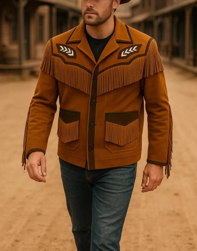 Men’s Western Fringe Jacket Brown Suede Cowboy Coat Handmade Vintage Rodeo Style