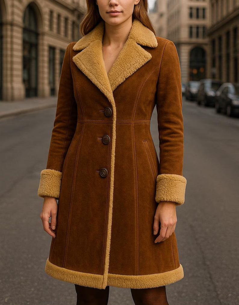 Women’s Brown Vintage Leather Trench Coat – Stylish Western Winter Long Coat, Warm Outdoor Wear