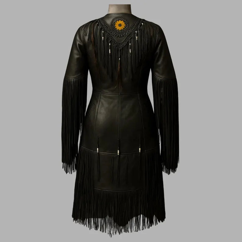 Handmade Leather Wedding Dress Women’s Long Fringe Gown, Western Style Native Powwow Regalia Maxi