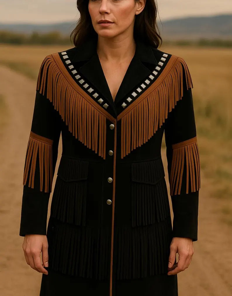 Women’s Vintage Cowgirl Fringe Jacket Brown Cowhide Western Leather Coat, Handmade Fringe Festival Outerwear