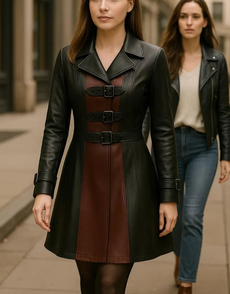 Handmade Two-Tone Leather Coat: Women's Buckle Trench, Gothic Fashion