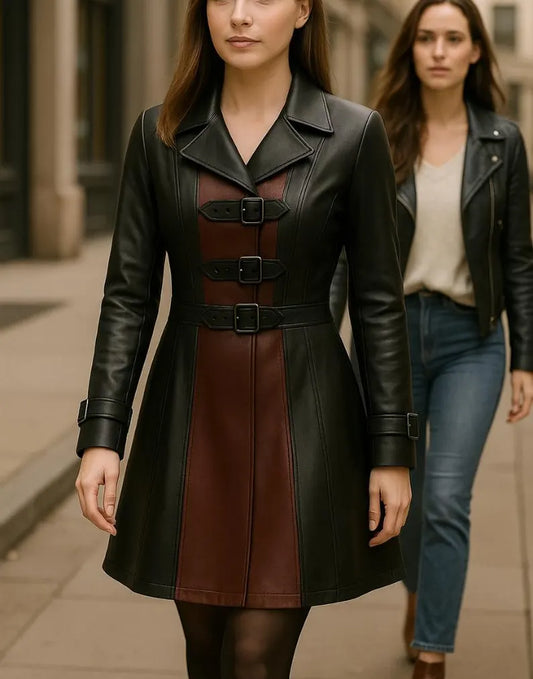 Handmade Two-Tone Leather Coat: Women's Buckle Trench, Gothic Fashion