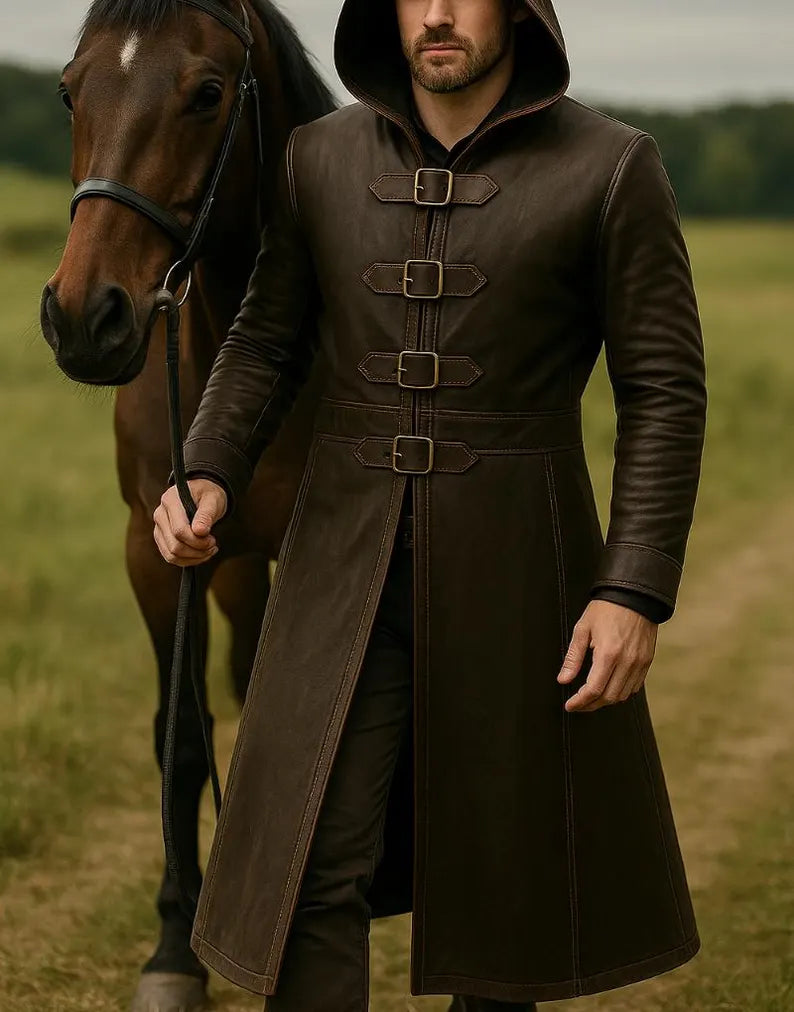 Handmade Men's Brown Leather Hooded Trench Coat: Gothic Medieval Overcoat