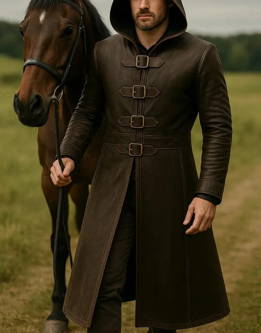 Handmade Men's Brown Leather Hooded Trench Coat: Gothic Medieval Overcoat