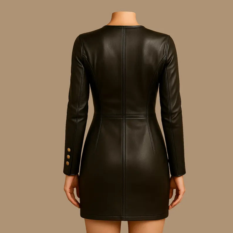 Handmade Fitted Black Leather Mini Dress - Button Front