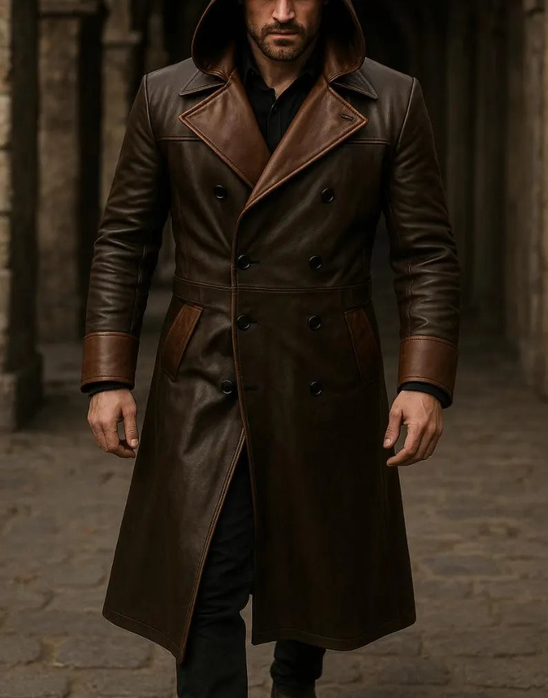 Handmade Two-Tone Brown Leather Trench Coat - Men's Gothic Hooded Overcoat