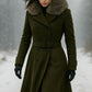 Handmade Wool Trench Coat: Olive Green, Fur Collar, Belted Winter Overcoat